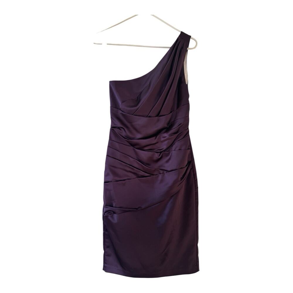 David's Bridal Plum One-Shoulder Satin Bridesmaid Cocktail Dress. F14212 Size 2